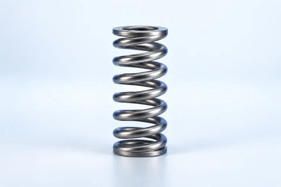 Upright helical compression spring with spaced coils and flat ends resting on a surface.