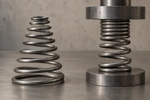 Free conical spring beside a variable-pitch cylindrical spring under compression.