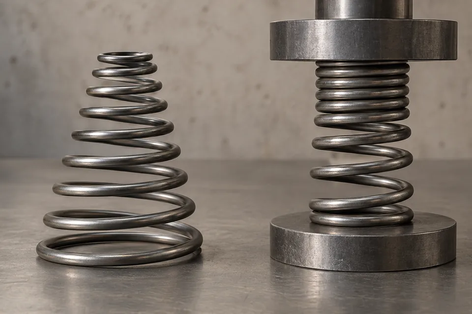 Free conical spring beside a variable-pitch cylindrical spring under compression.