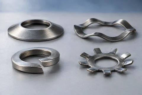 Four metal spring washers: conical disc, wave, split helical, and fingered types.