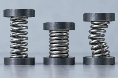Close view of springs with ground ends and a spring fitted over a guide shaft.