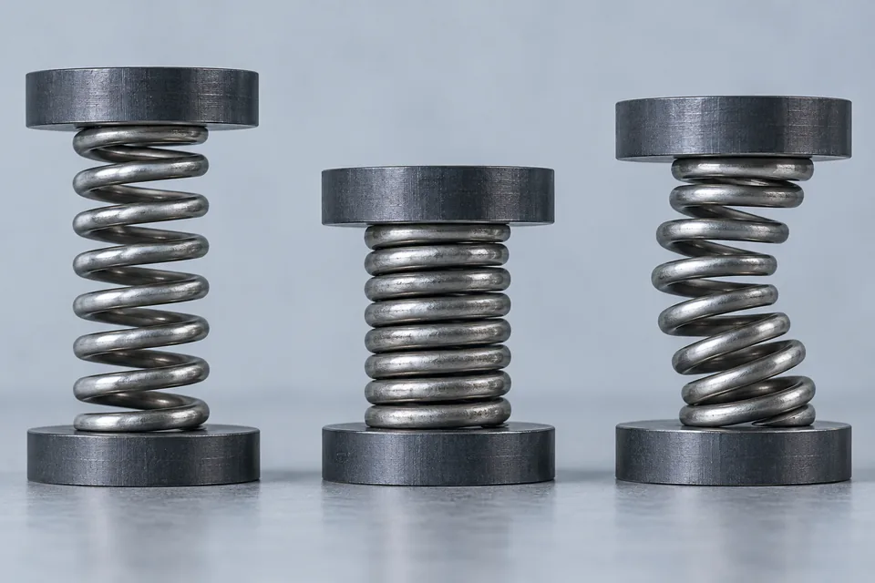 Close view of springs with ground ends and a spring fitted over a guide shaft.