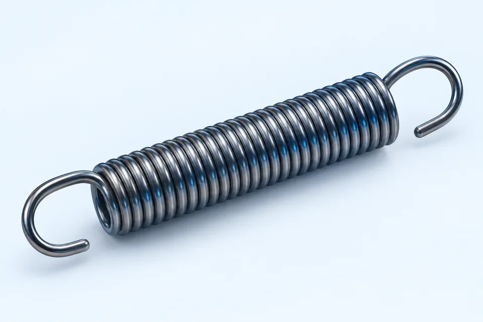 Helical extension spring with close-wound coils and hooks at both ends.