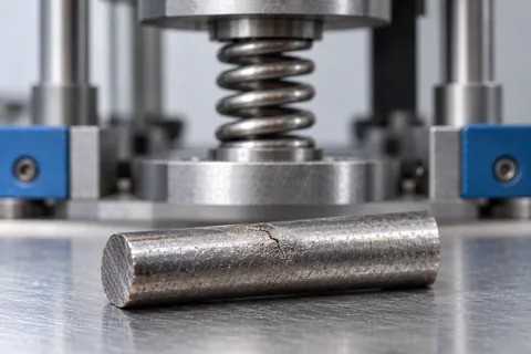Spring in a test fixture beside a short wire specimen with a small surface fatigue initiation.