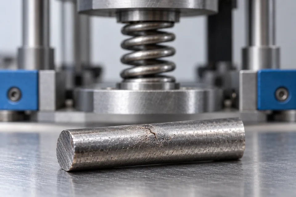 Spring in a test fixture beside a short wire specimen with a small surface fatigue initiation.