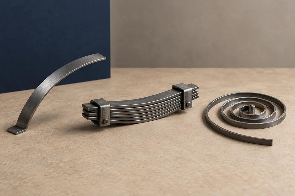 Three flat spring forms: curved leaf, stacked leaf pack, and flat spiral.