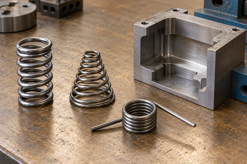 Three spring geometries beside a mechanical cavity representing the available space.