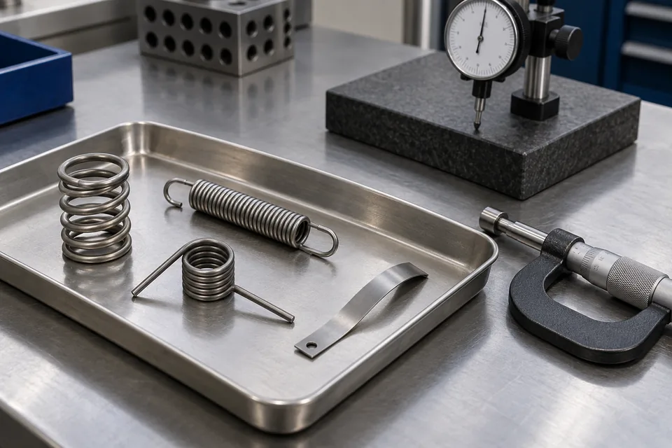Spring samples in a tray beside a micrometer and dial comparator for inspection.