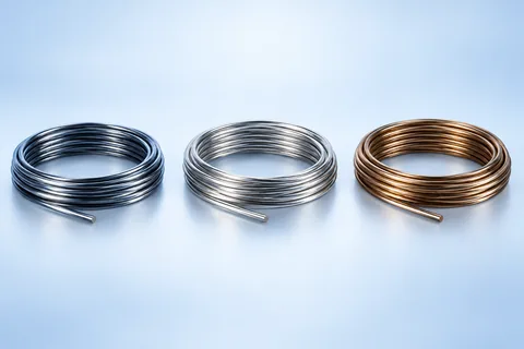 Three separate coiled wire samples with different metallic tones.