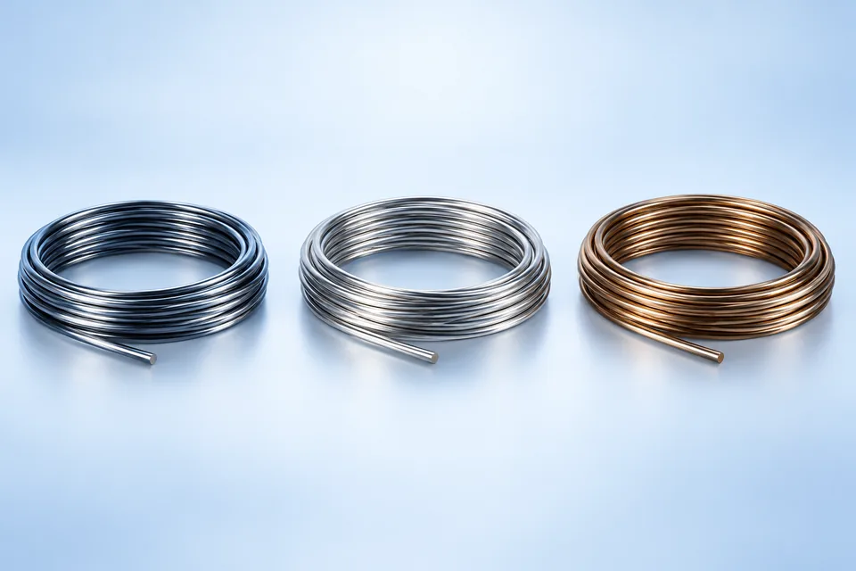Three separate coiled wire samples with different metallic tones.