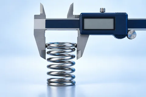 Digital caliper measuring the outside diameter of a helical compression spring.