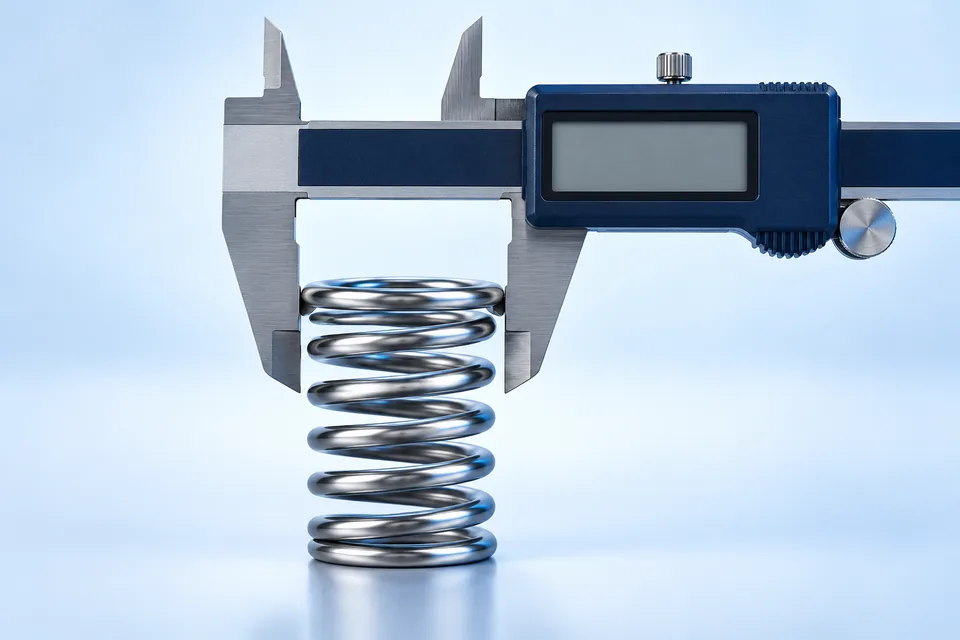 Digital caliper measuring the outside diameter of a helical compression spring.
