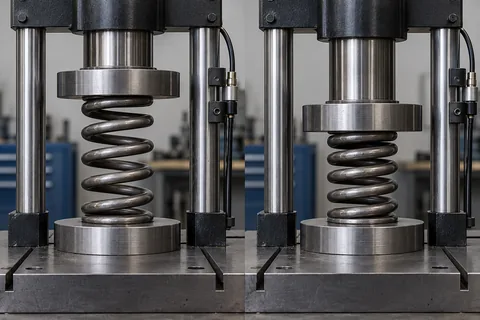 Compression spring between test platens in two compressed positions.