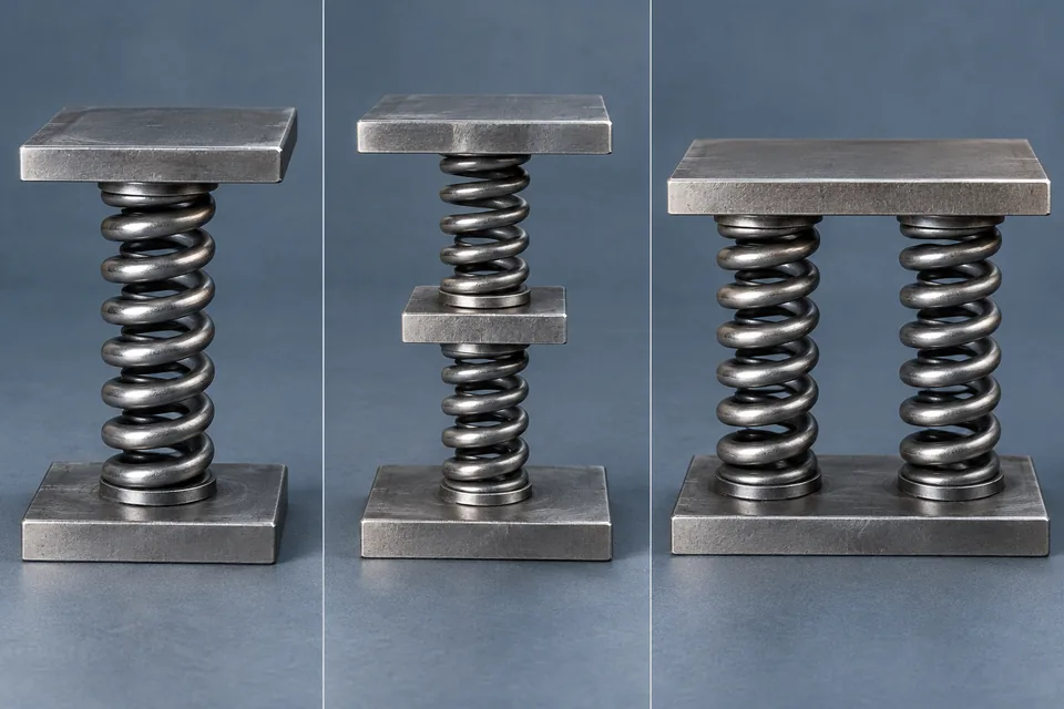 Three platen arrangements: one spring, two springs in series, and two in parallel.