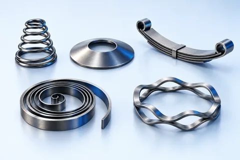 Group of conical, disc, leaf, flat spiral, and wave metal springs.