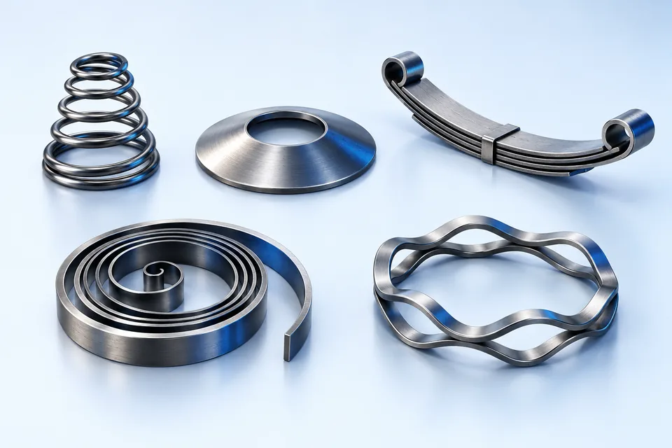 Group of conical, disc, leaf, flat spiral, and wave metal springs.