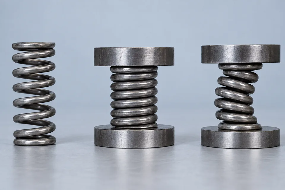 Three matching springs: free, compressed straight, and compressed with lateral buckling.