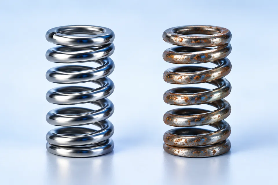 Two compression springs: one clean and one with light oxidation spots.
