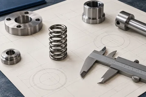 Compression spring, caliper, and components beside a blank drafting sheet.