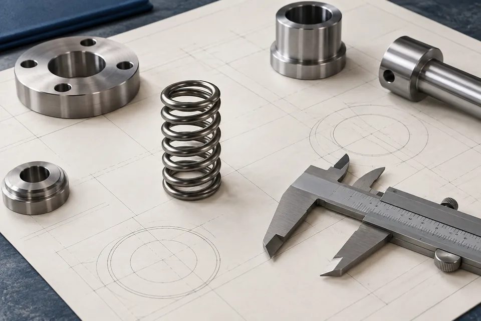 Compression spring, caliper, and components beside a blank drafting sheet.