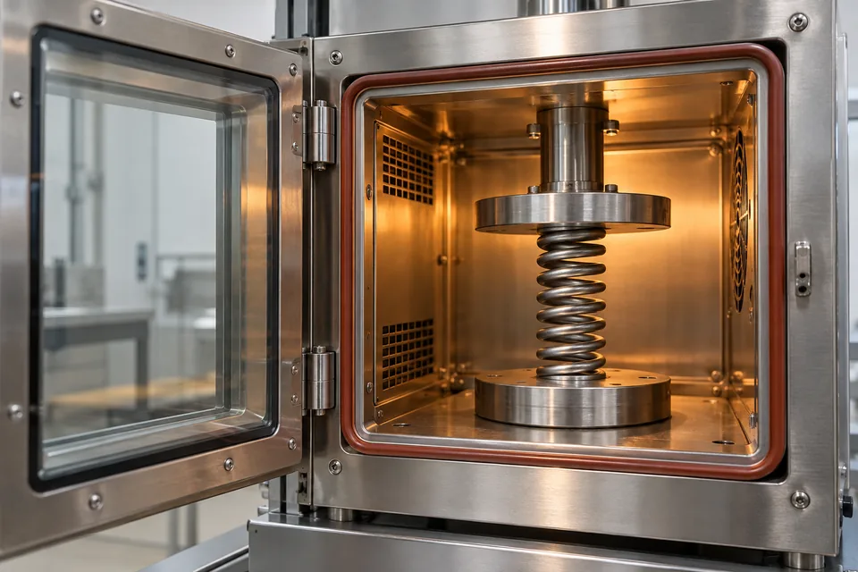 Compression spring between platens inside an open temperature test chamber with a faint warm glow.