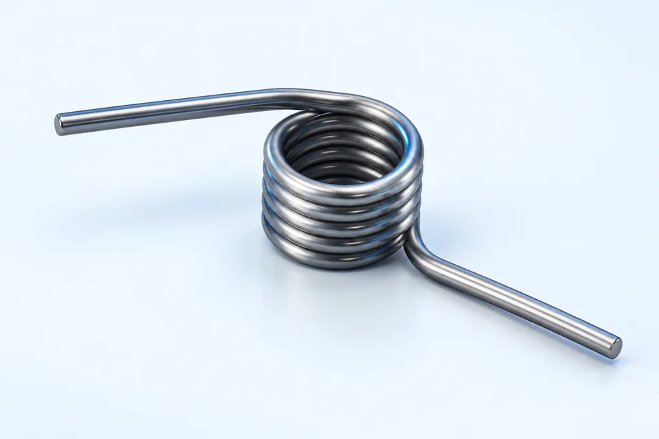 Helical torsion spring with two straight legs extending in different directions.