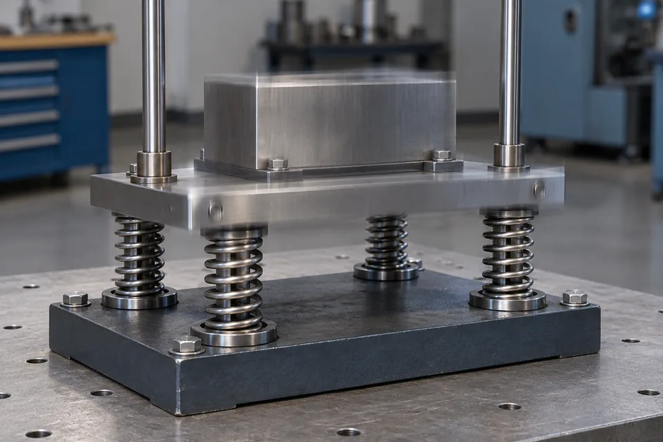 Platform with a mass supported by four upright helical springs.