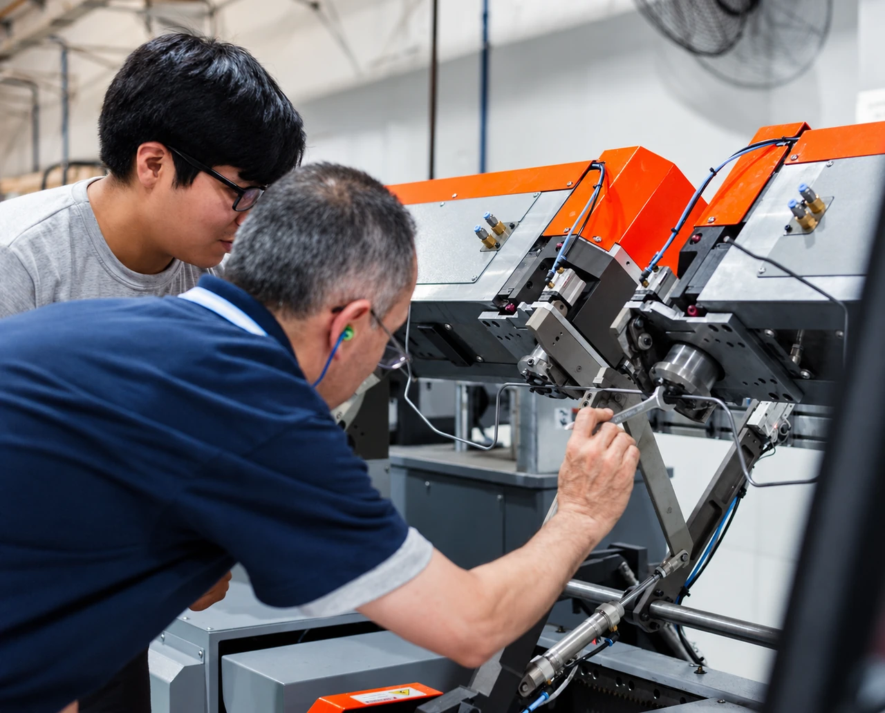 Duas pessoas trabalham diante de uma máquina na ETAR.